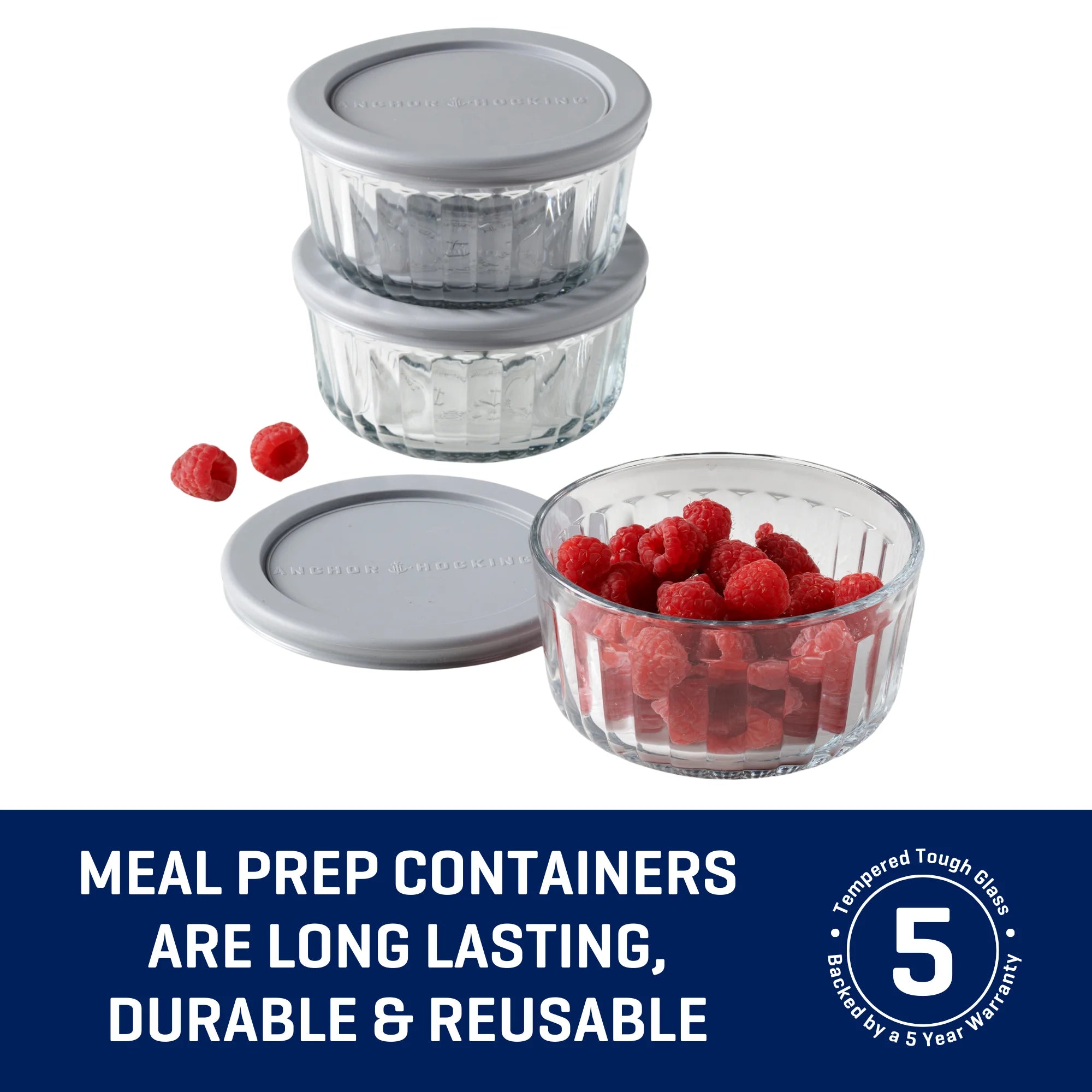 Anchor Hocking Sculpted Glass Food Storage Container with Lids, 2 Cup Round, Set of 3