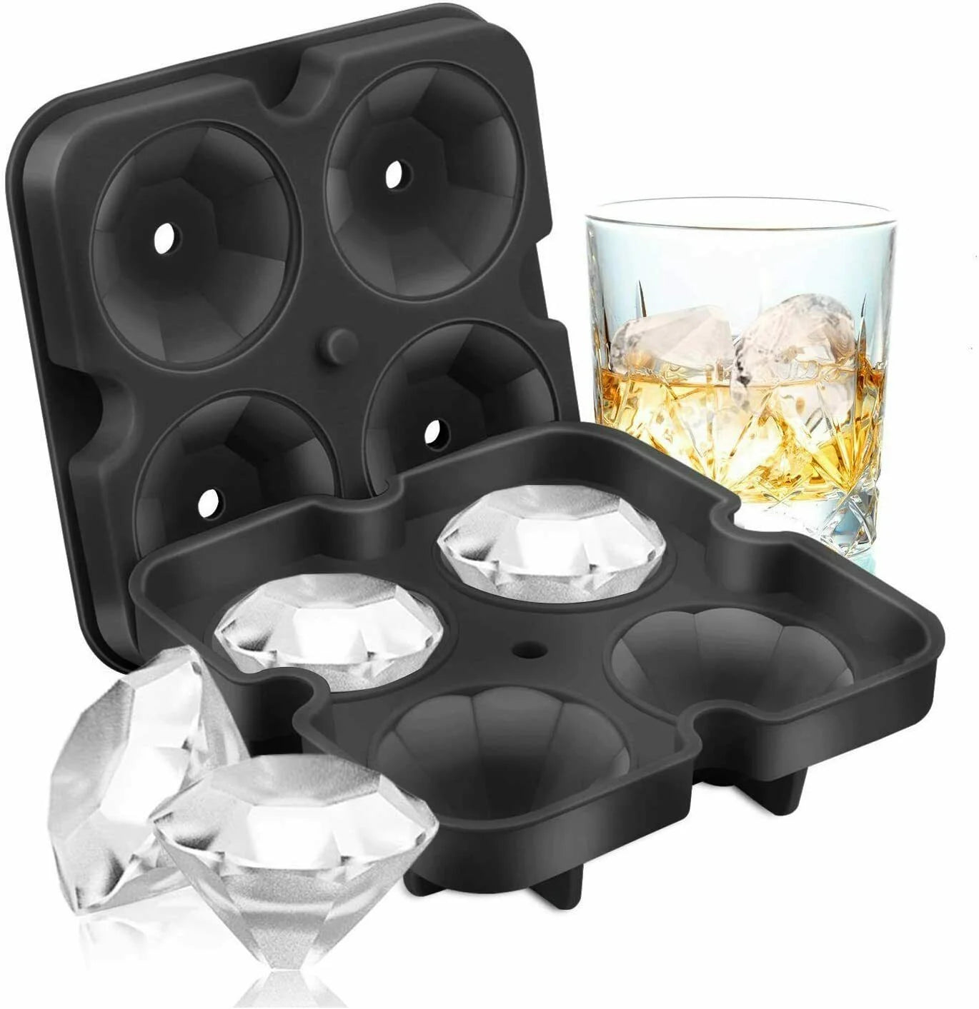 N1- Silicone 3D Diamond ICE Cube Tray Maker Mold Whiskey Cocktails (3 Pack), New