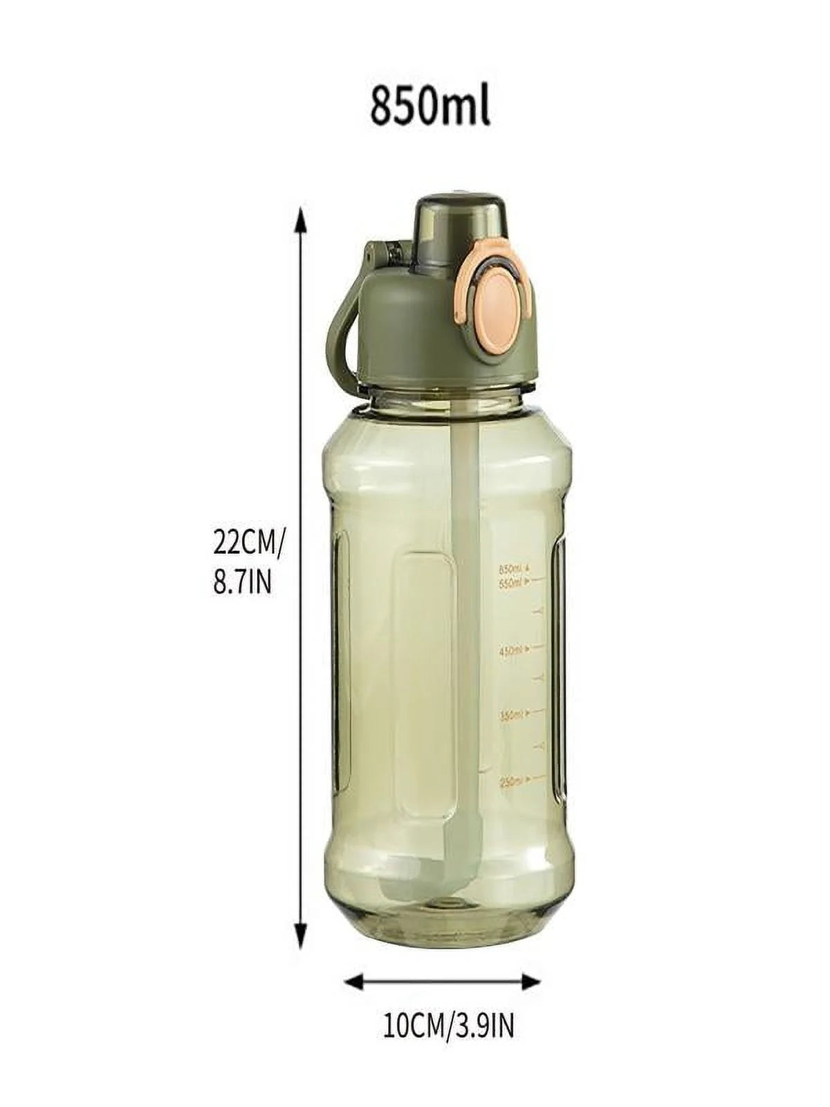 AURIGATE 850Ml Water Bottle with Straw,Half Gallon Wide Mouth Portable Large Plastic Bottle Leak Proof Sports Cup Big Travel Mugs with Scale Strap,Volume 0.23 Gal/28.7Oz