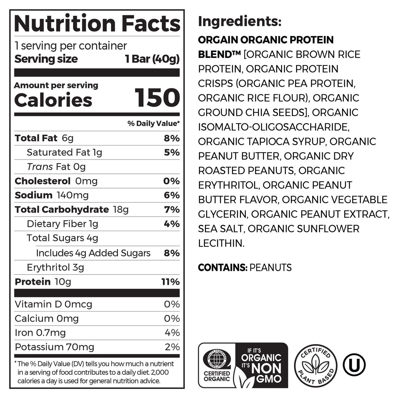 Orgain Organic Protein Snack Bar Peanut Butter (12 x 1.4 oz) | 10g Plant-Based Protein, Gluten-Free, Vegan