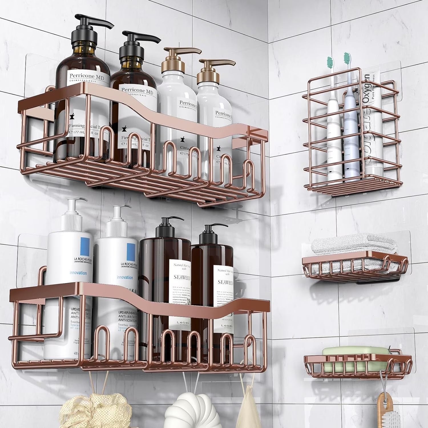 Shower Caddy, Shower Shelves 5 Pack, Adhesive Shower Organizer for Bathroom & Kitchen, No Drilling, Large Capacity, Rustproof SUS304 Stainless Steel Bathroom Organizer, Bathroom Accessories, Black