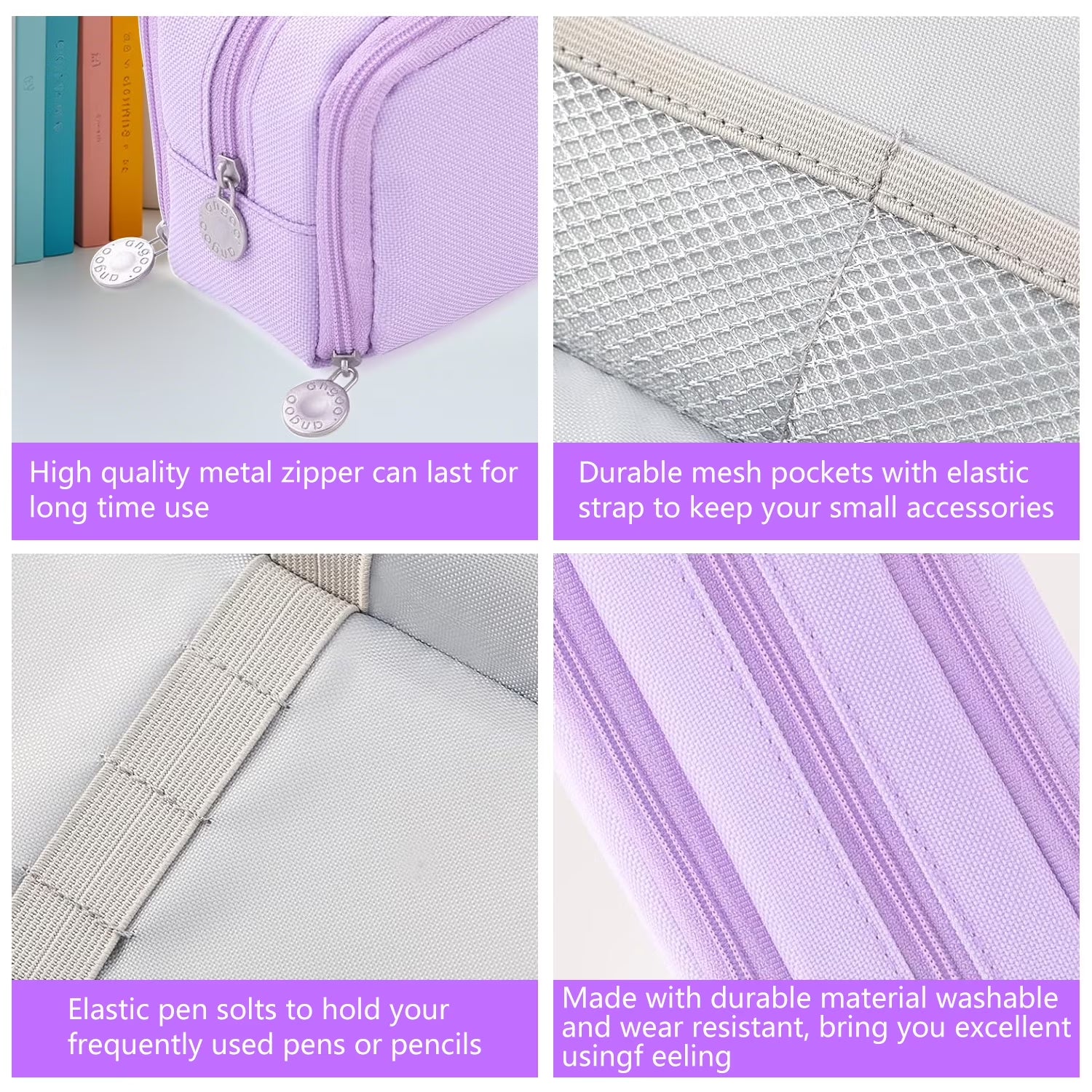 Rirool Large Capacity Pencil Case, 3 Zipper Compartments Pen Pouch for High School, College, Teachers, Office & Travel Use, Makeup Bag for Teens and Adults, Purple