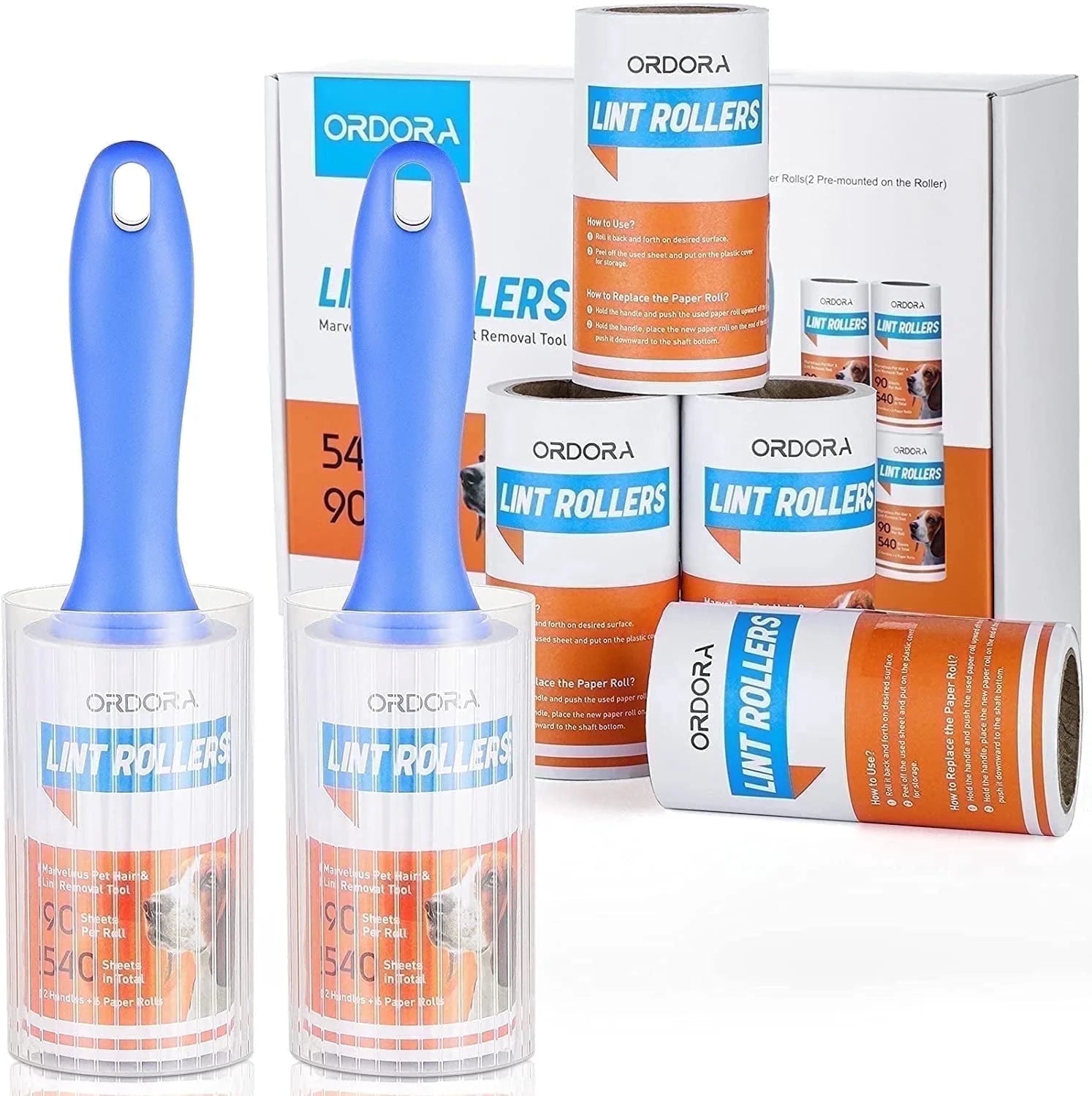 ORDORA Lint Roller for Pet Hair, Extra Sticky Rollers for Clothes 6 Pack, 540 Sheets Total