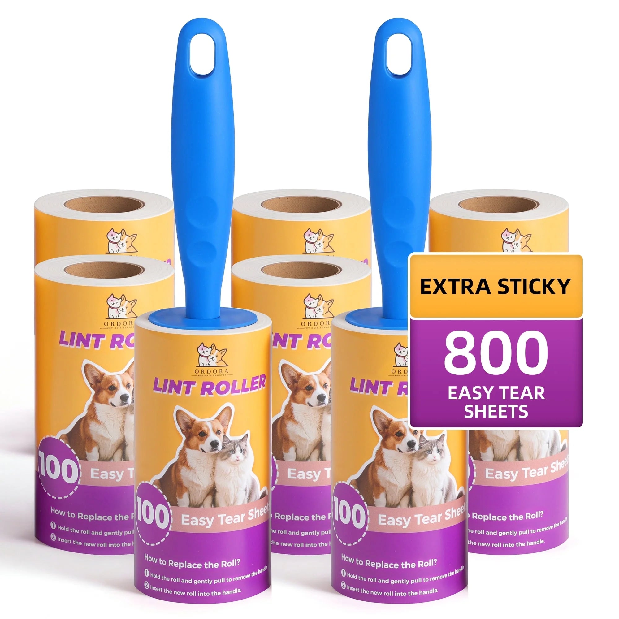 ORDORA Lint Roller for Pet Hair, Extra Sticky Rollers for Clothes 6 Pack, 540 Sheets Total