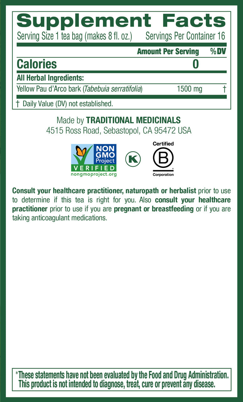 Traditional Medicinals Organic Pau D’Arco Herbal Tea – Yellow Pau D’Arco Caffeine-Free Tea (6x16 Bags)
