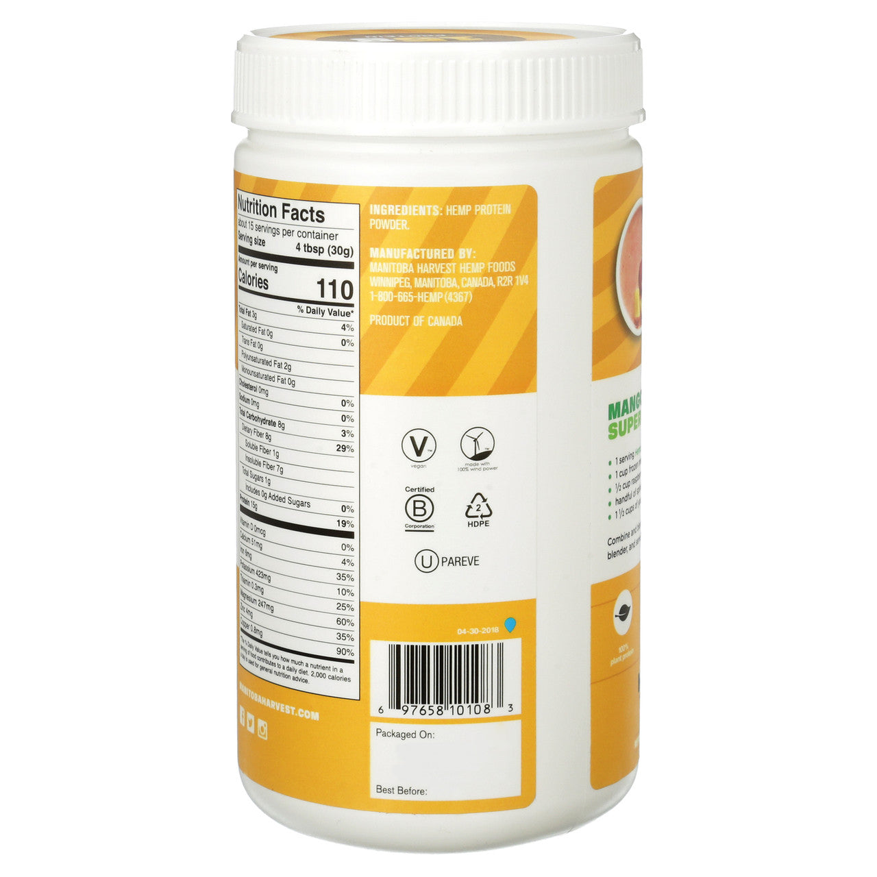 Manitoba Harvest Hemp Protein Powder (1×16 oz) | Plant-Based Protein + Fiber, Cold-Milled Hemp