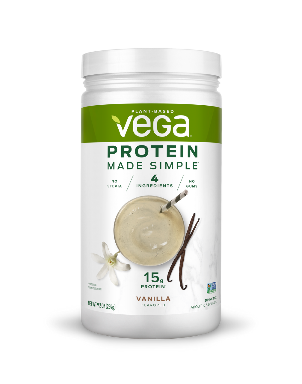 Vega Protein Made Simple Drink Mix – Vanilla (9.2 oz) | Plant-Based, Non-GMO, Dairy-Free Protein Powder