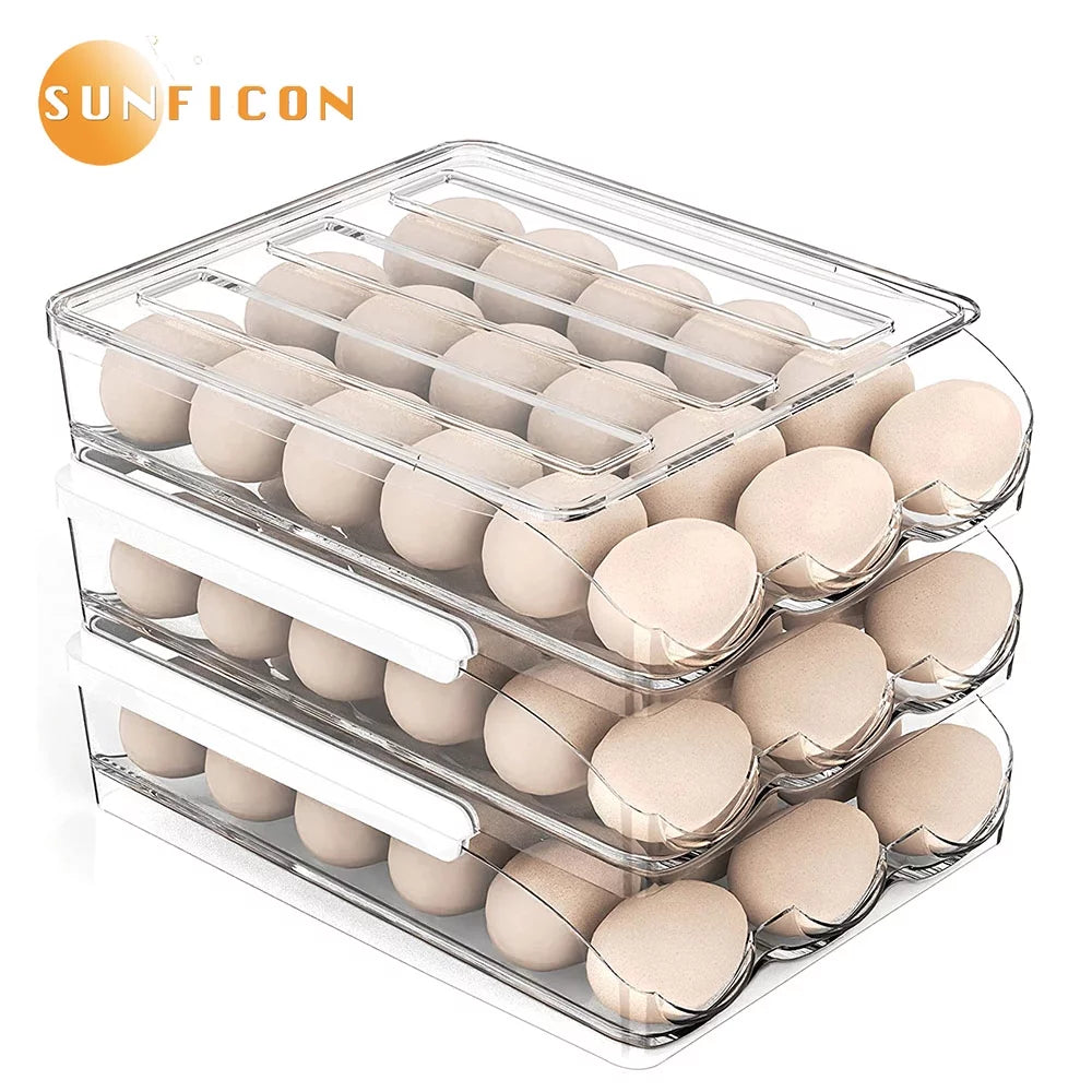 SUNFICON Large Capacity Auto Rolling Egg Holder for Refrigerator, Egg Fresh Storage Box for Fridge, Egg Storage Container Organizer Bin, Crystal Gray Plastic Storage Container (1 Layer)