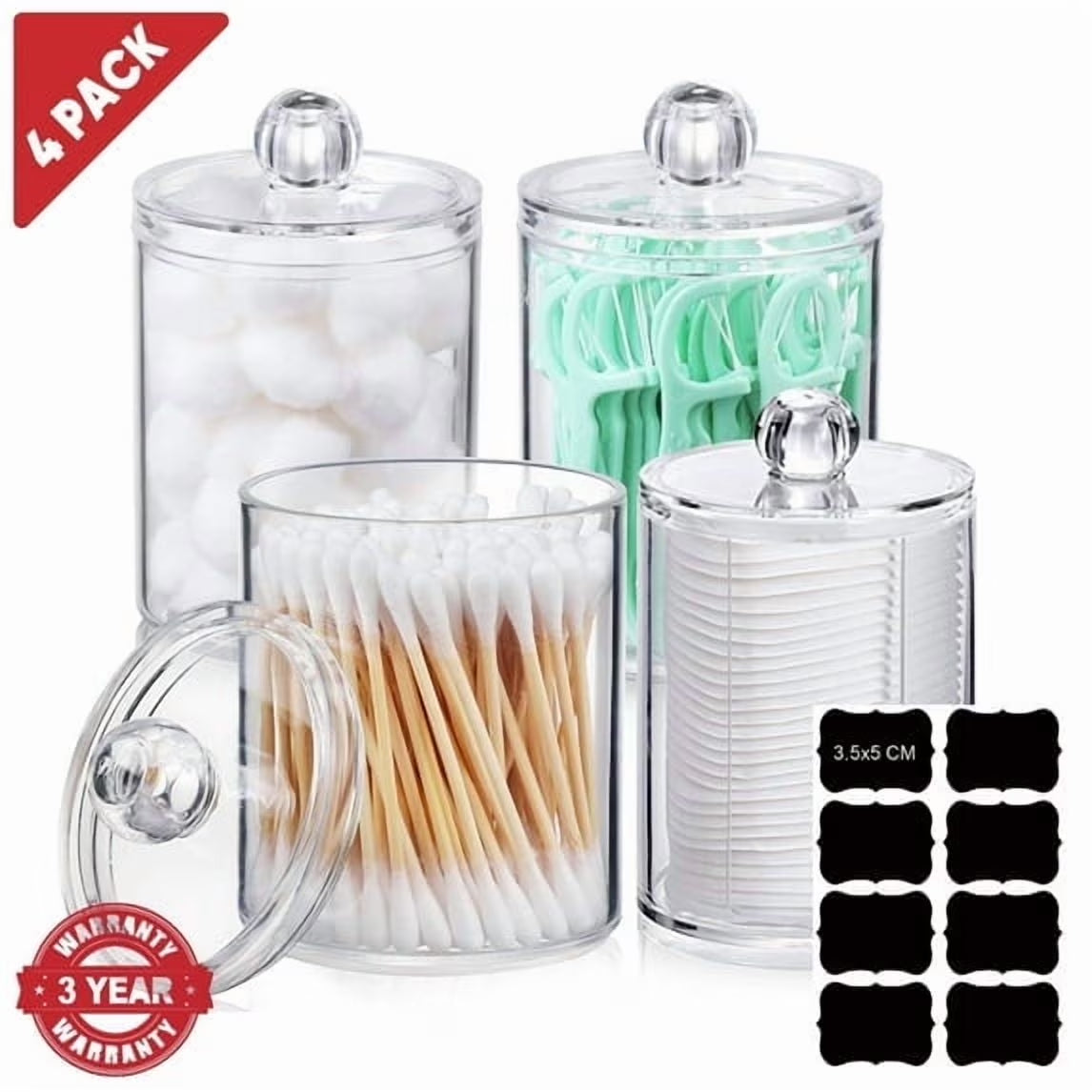 Vanity Jar Storage Set, Bathroom Organizer, Canister Jar, Clear Plastic Apothecary Cup with Lid, Qtip Holder, for Cotton Ball, Swab, round Pads, Q Tip, Floss, 10 Oz (4 Pack)