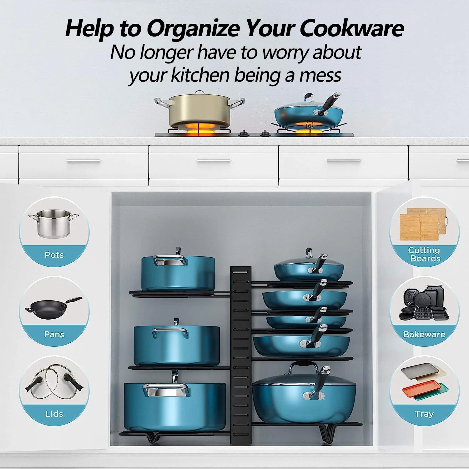 PHANCIR Pots and Pans Organizer Rack, 3 DIY Methods Adjustable 8-Tier Pot and Pan Rack, Metal Heavy Duty Organizer with Anti-Slip Silicone Pad for Cabinet Kitchen Organization Storage