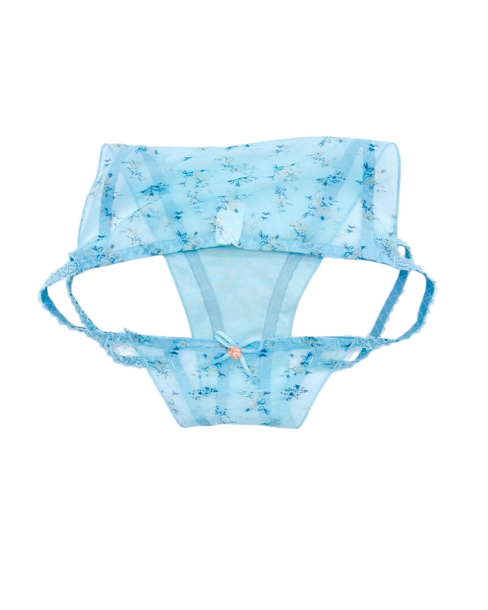Romantic Blue Floral Lace Panties with Satin Bow and Rose Charm 