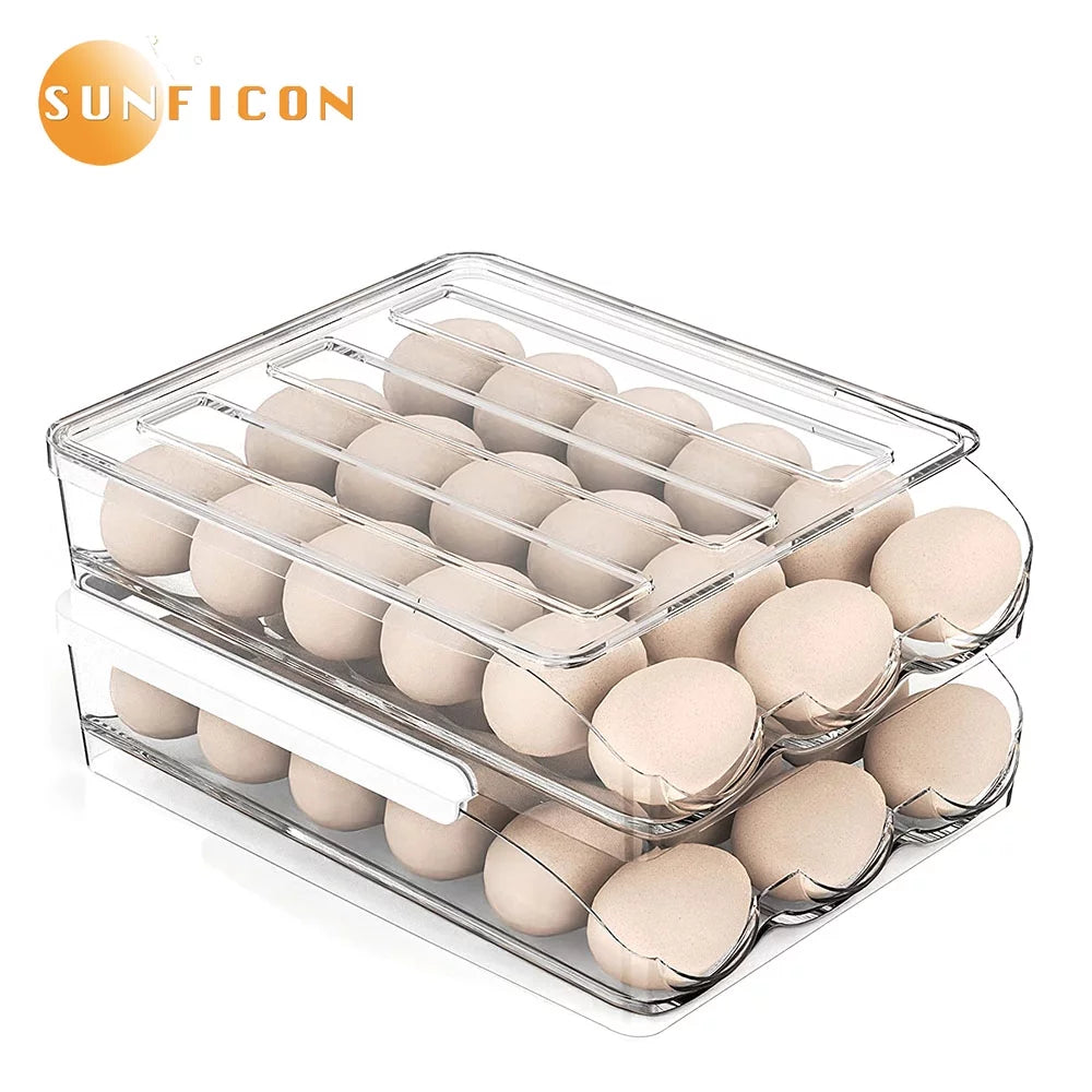 SUNFICON Large Capacity Auto Rolling Egg Holder for Refrigerator, Egg Fresh Storage Box for Fridge, Egg Storage Container Organizer Bin, Crystal Gray Plastic Storage Container (1 Layer)