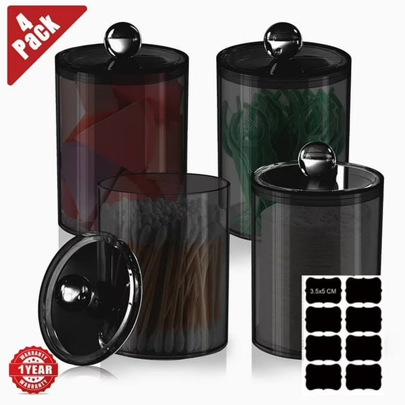 Vanity Jar Storage Set, Bathroom Organizer, Canister Jar, Clear Plastic Apothecary Cup with Lid, Qtip Holder, for Cotton Ball, Swab, round Pads, Q Tip, Floss, 10 Oz (4 Pack)