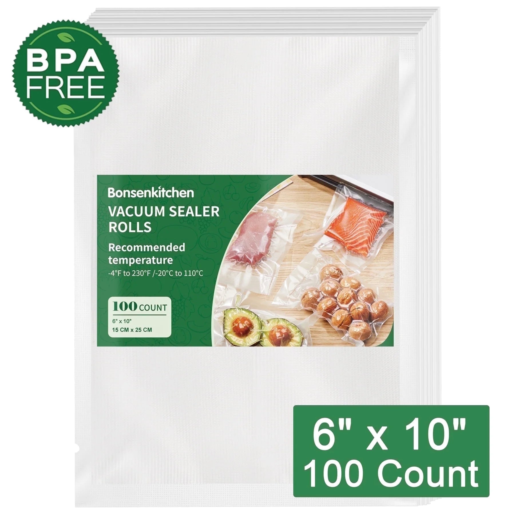 Bonsenkitchen Vacuum Sealer Bags, BPA Free Freezer Bags, 6" X 10" X 100 Count