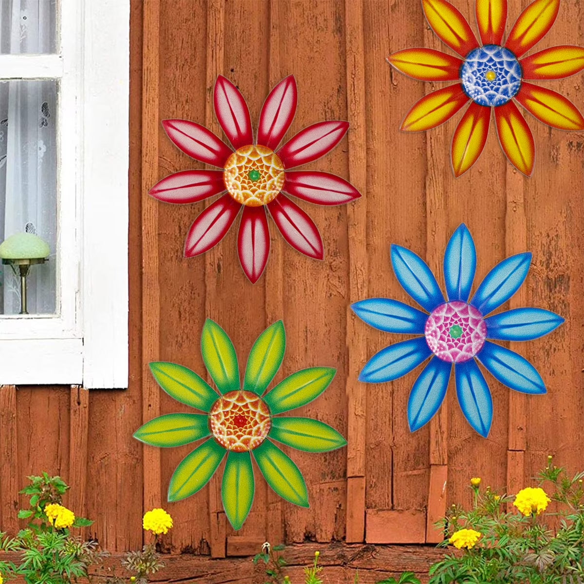 Lzvxtym Metal Flower Wall Decor, 4 PCS Metal Outdoor Wall Art Decor, Metal Fence Art Wall Sculptures for Indoor outside Garden Patio Wall Decorations