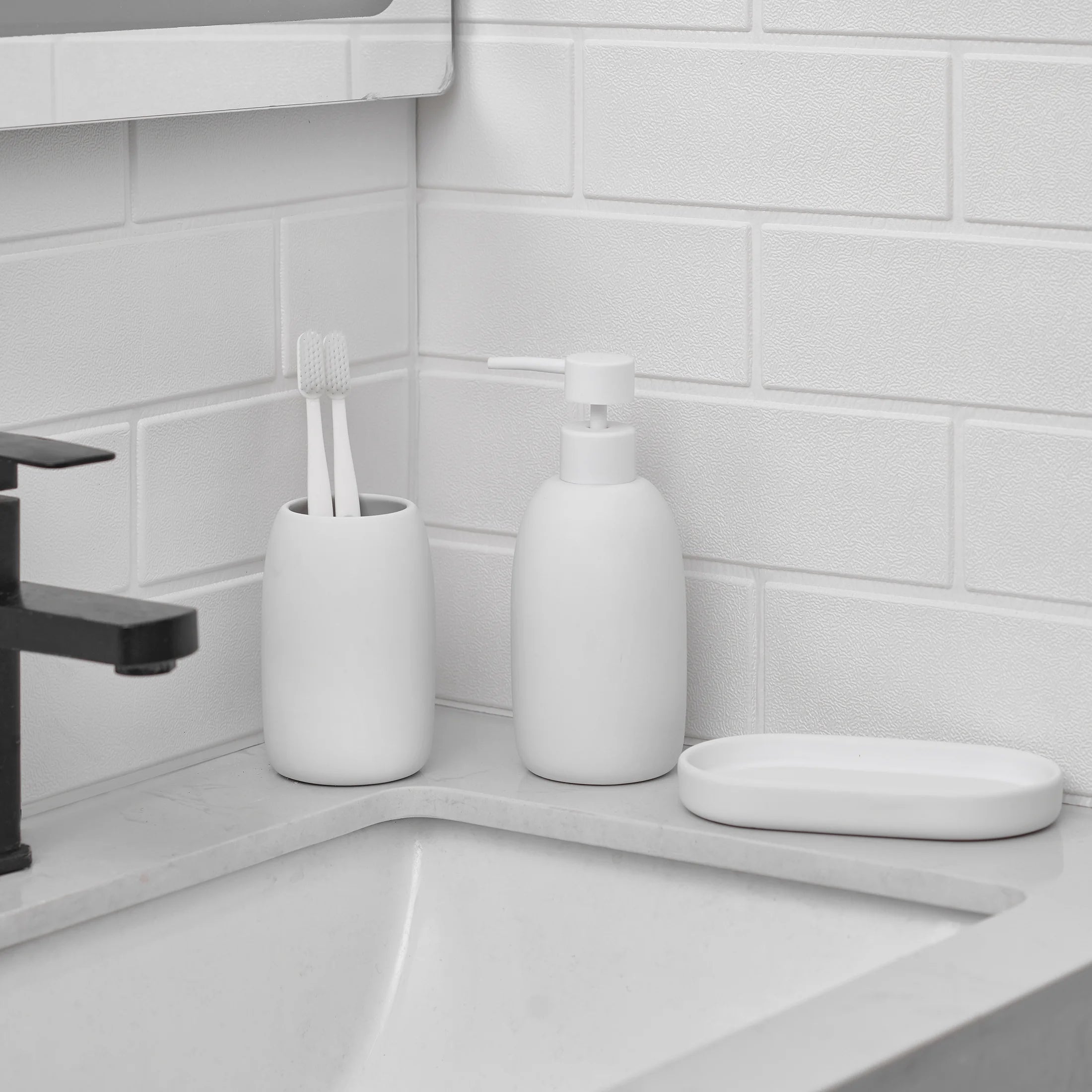 Mainstays Ceramic Stoneware Bath Accessories 3-Piece Set, Grey – Soap Pump Dispenser, Tumbler, and Accessory Tray
