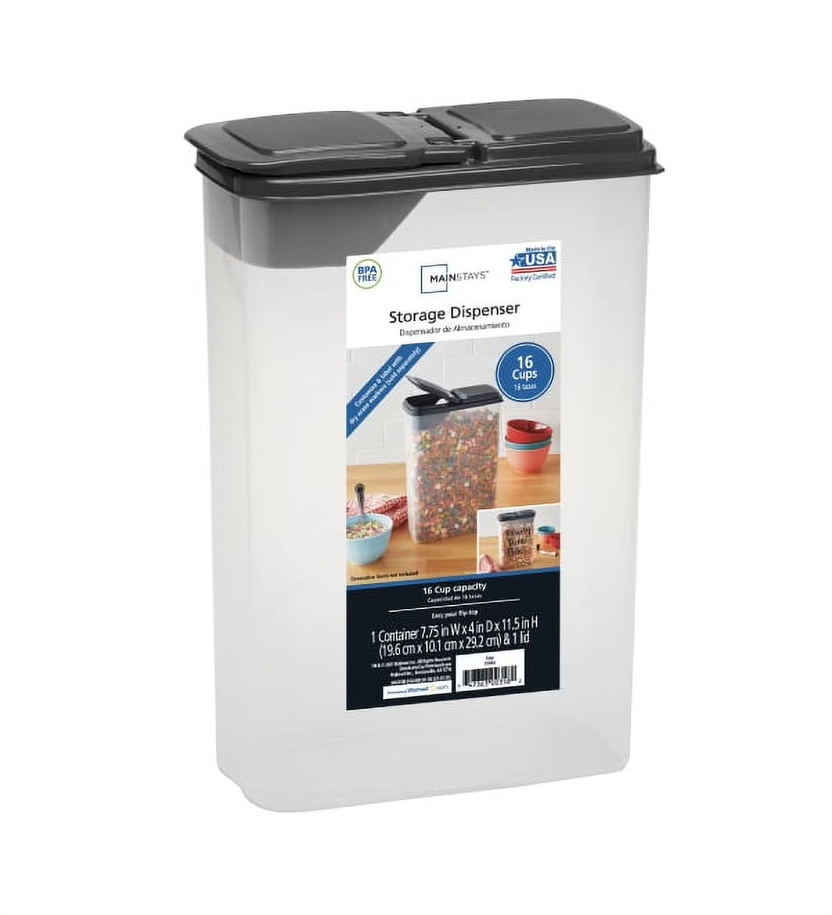 Mainstays Plastic Small Cereal Dispenser, Clear, Gray Lid, 16-Cups, Single, 7.25" X 4" X 11.25", Made for Pantry Organization and Food Storage