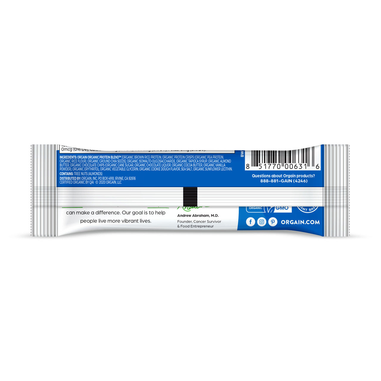 Orgain Organic Protein Snack Bar Chocolate Chip Cookie Dough (12 x 1.41 oz) | 10g Plant-Based Protein, Gluten-Free, Vegan