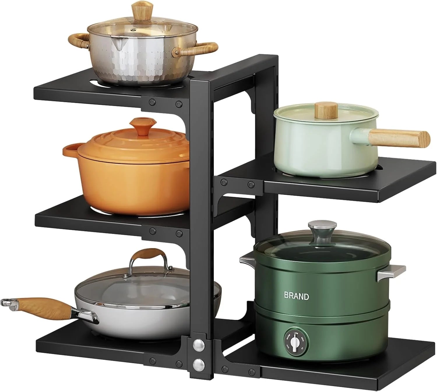 PHANCIR Pots and Pans Organizer Rack, 3 DIY Methods Adjustable 8-Tier Pot and Pan Rack, Metal Heavy Duty Organizer with Anti-Slip Silicone Pad for Cabinet Kitchen Organization Storage