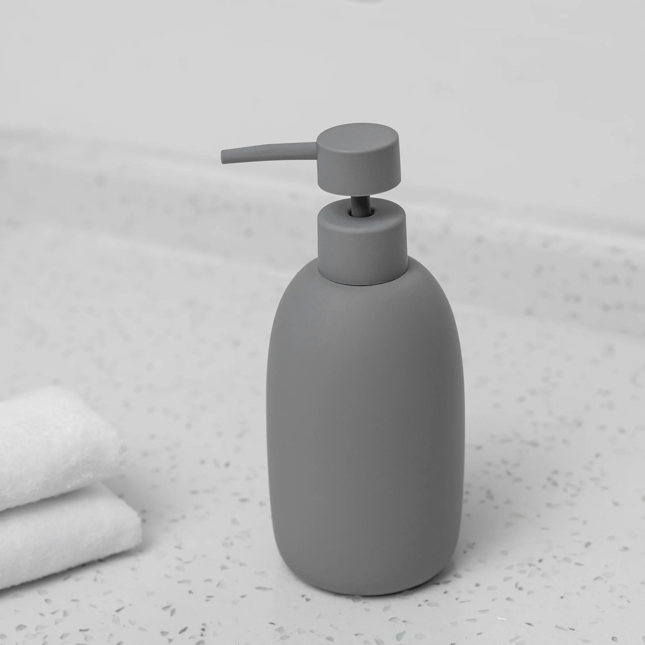 Mainstays Ceramic Stoneware Bath Accessories 3-Piece Set, Grey – Soap Pump Dispenser, Tumbler, and Accessory Tray