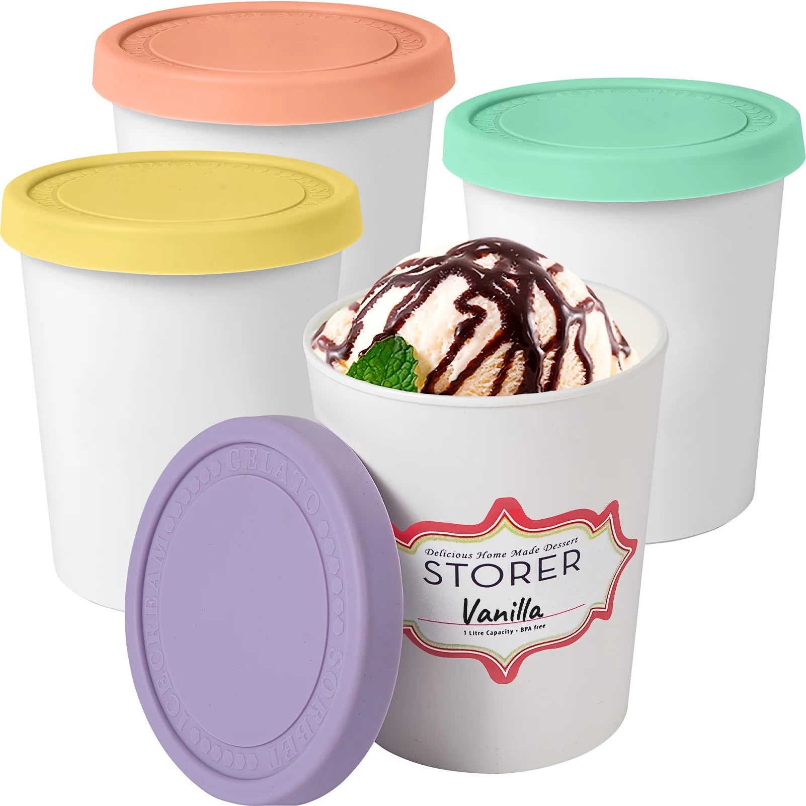 WALL QMER Premium Ice Cream Containers (4 Pack - 8 Ounces Each) Reusable Freezer Storage Tubs with Lids for Ice Cream, Sorbet and Gelato! 4 Colors