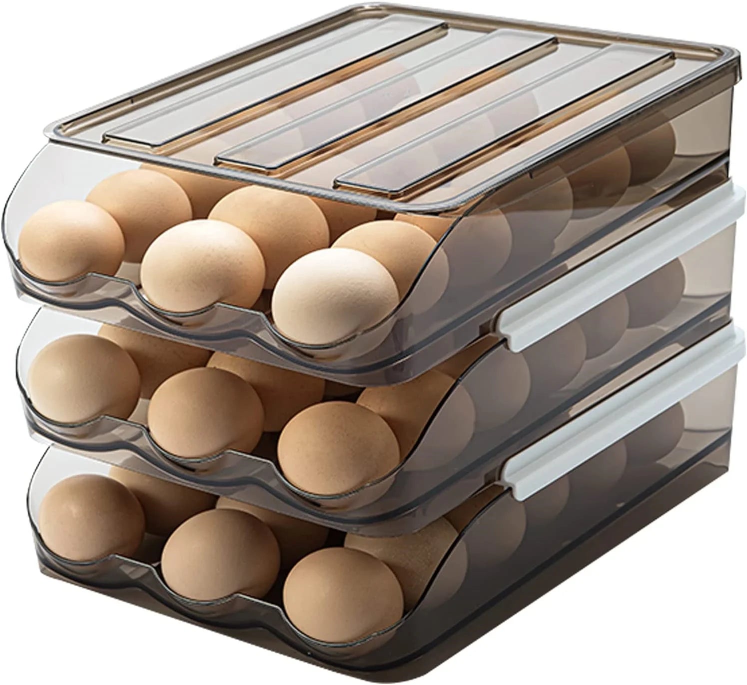 SUNFICON Large Capacity Auto Rolling Egg Holder for Refrigerator, Egg Fresh Storage Box for Fridge, Egg Storage Container Organizer Bin, Crystal Gray Plastic Storage Container (1 Layer)