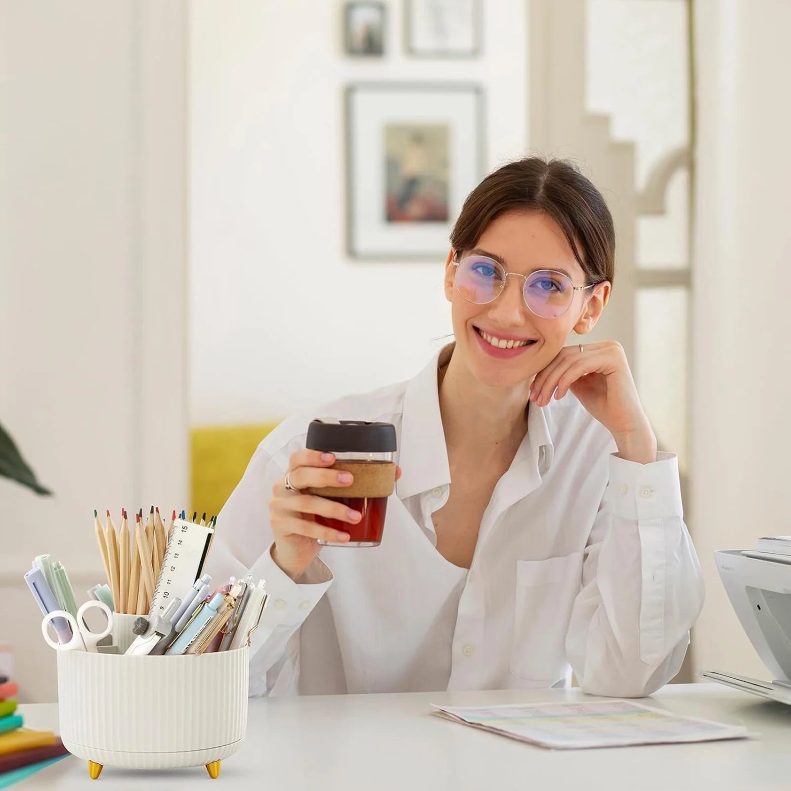 360 Rotating Plastic Desk Pen Organizer with 5 Slots, Dual-Purpose Art Supply Pencil Cup for Office, Home