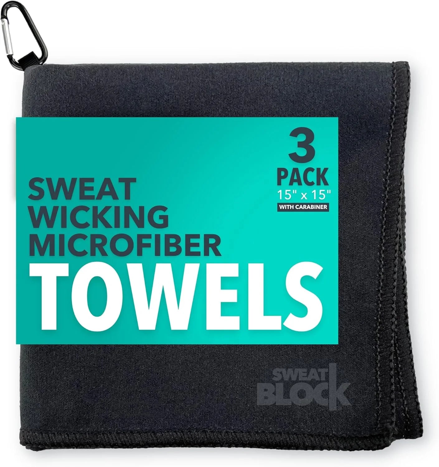 Sweatblock Microfiber Sweat Absorbing Handkerchief - Sport, Gym, Daily Use - for Hands, Face, Body - Machine Washable, Reusable - Men & Women - 15X15 (3 Pack, Black)