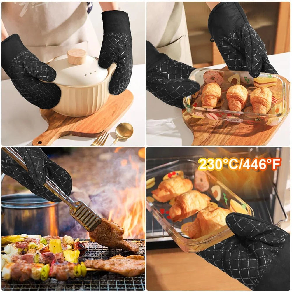 ZOUYUE Silicone Pot Holders and Oven Mitts Sets Kitchen Gloves Heat-Resistant Non-Slip for Baking Cooking Black 4 Pieces
