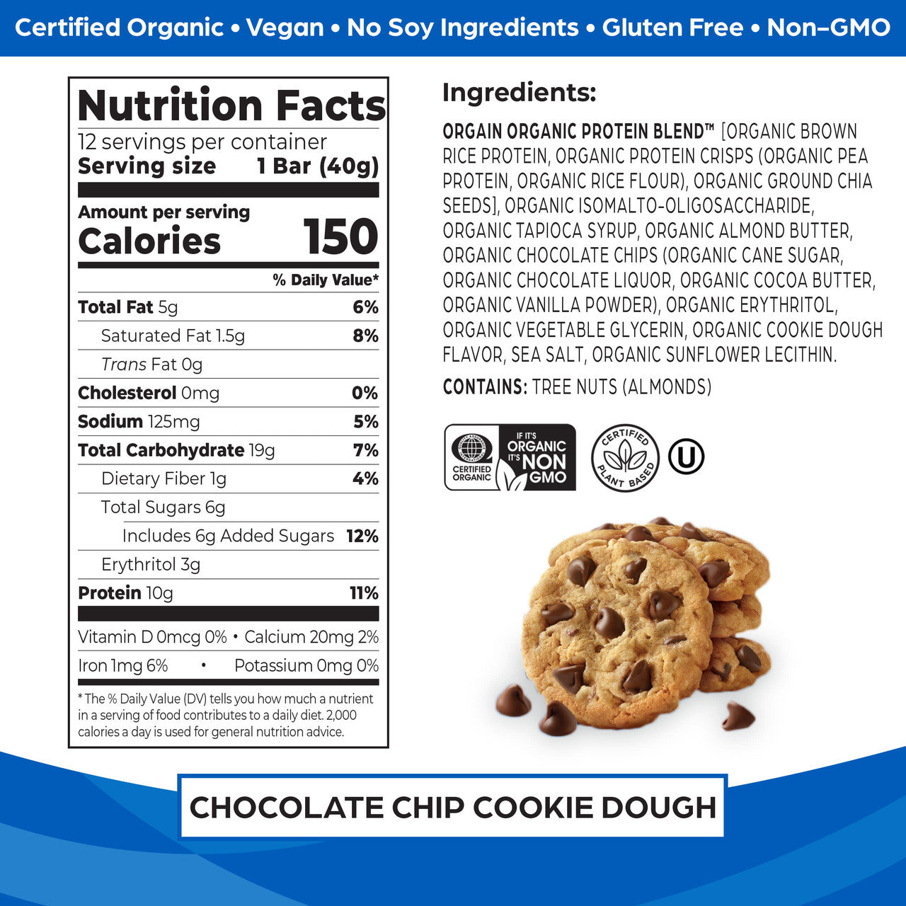 Orgain Organic Protein Snack Bar Chocolate Chip Cookie Dough (12 x 1.41 oz) | 10g Plant-Based Protein, Gluten-Free, Vegan