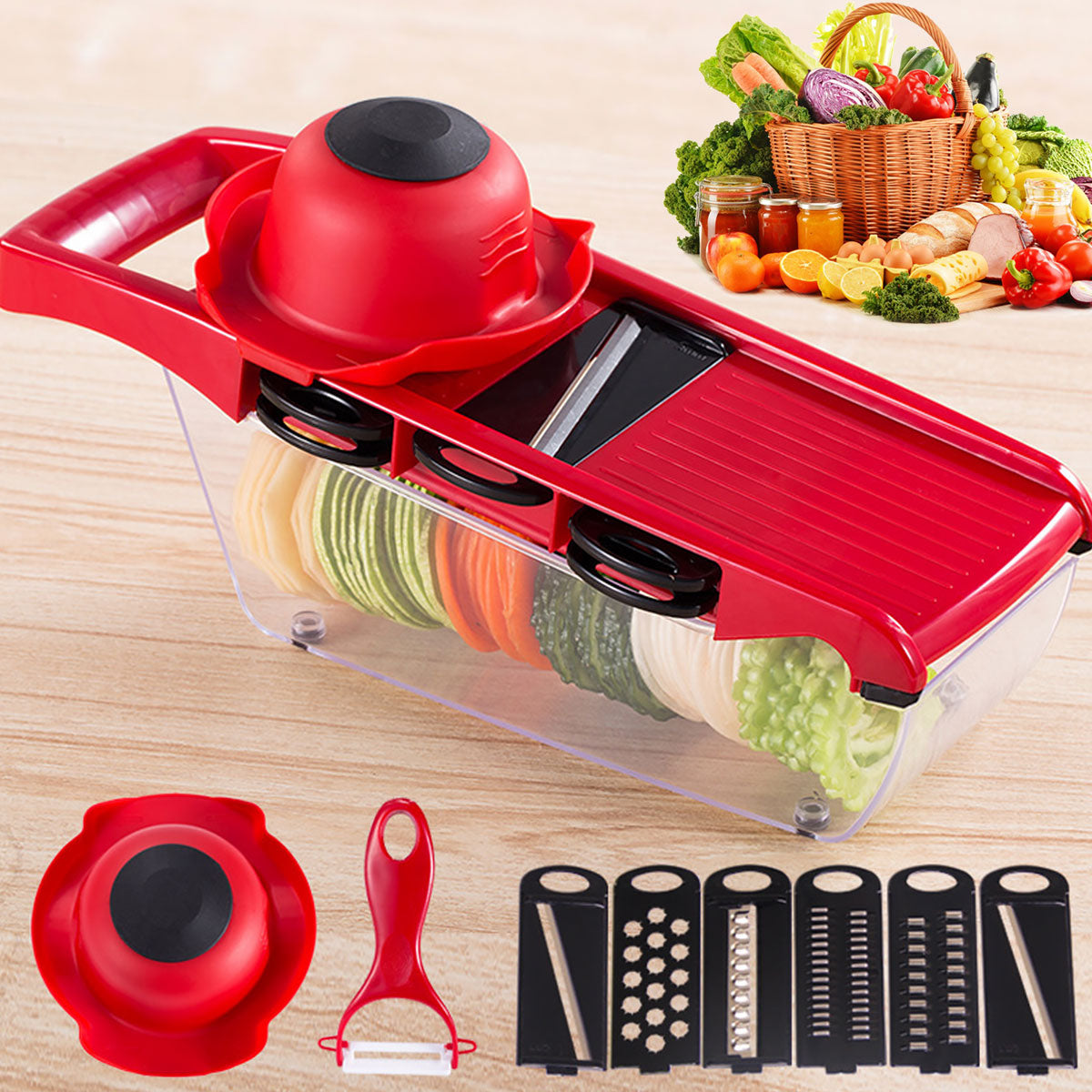 Xiyztok Cooking Vegetable Cutter with 6 Blades Multifunctional Mandoline Onion Vegetable Chopper Time Saving Fruits Dicer Kitchen Food Slicer Mincer with Container for Salad Potato Cheese