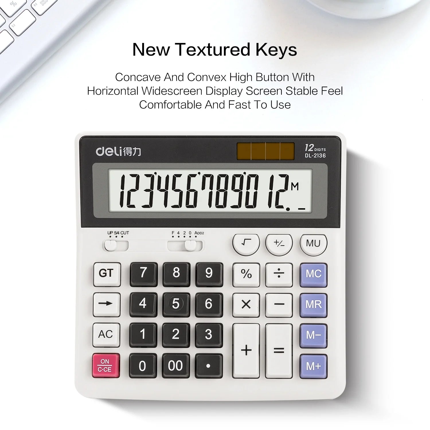 Deli 12-Digit Desktop Calculator, Battery & Solar Powered Standard Calculator with Extra Large LCD Display for Office Business School Home Daily Use Students