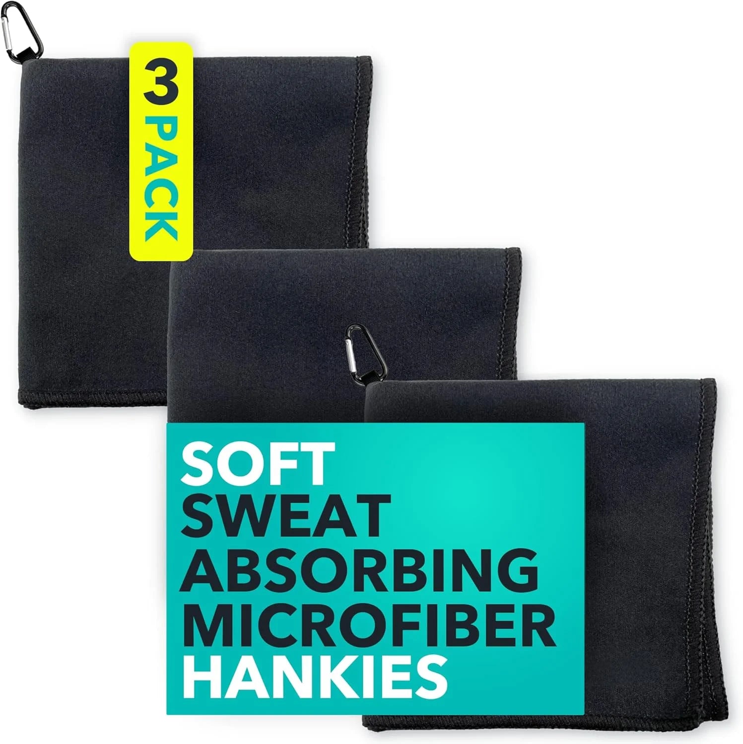 Sweatblock Microfiber Sweat Absorbing Handkerchief - Sport, Gym, Daily Use - for Hands, Face, Body - Machine Washable, Reusable - Men & Women - 15X15 (3 Pack, Black)