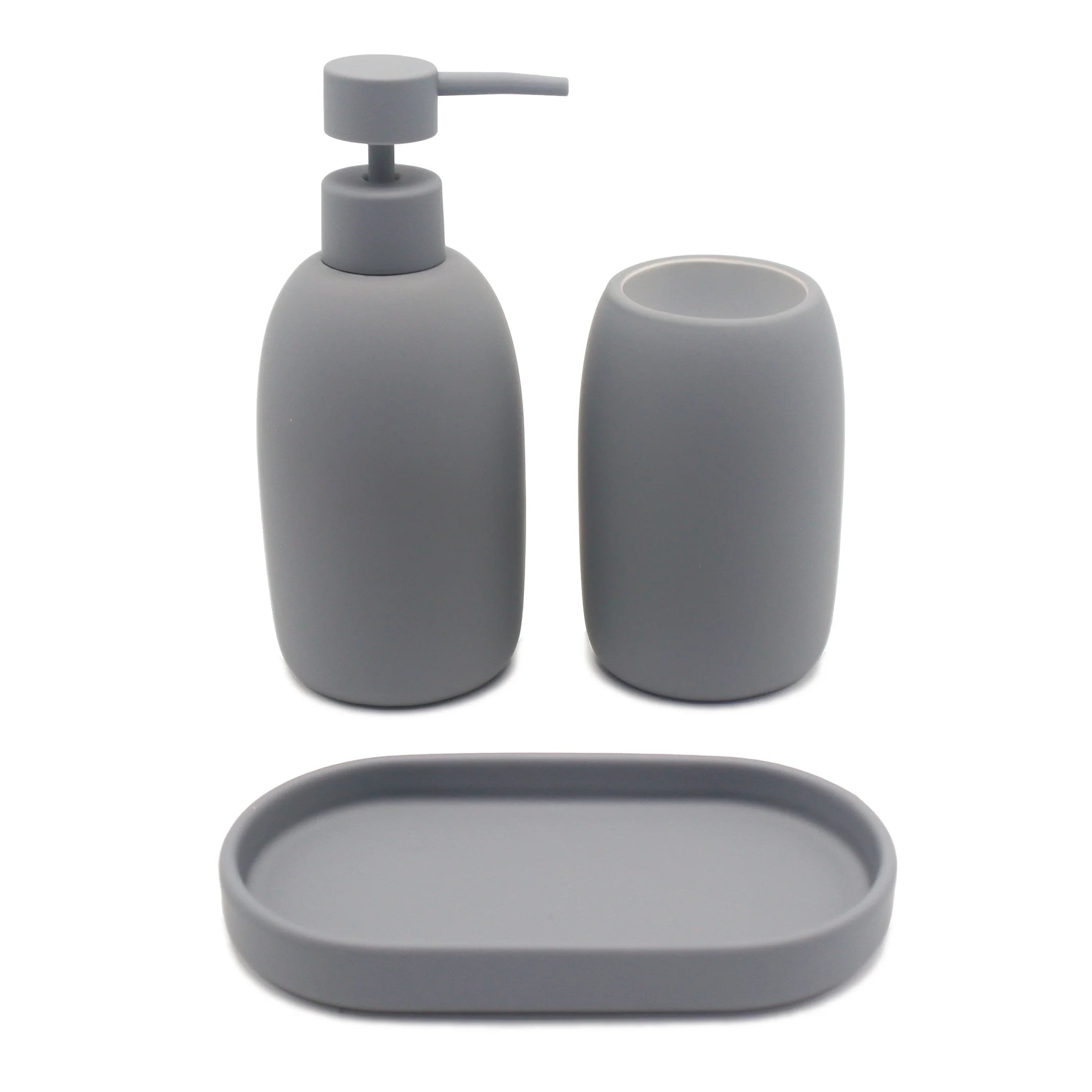 Mainstays Ceramic Stoneware Bath Accessories 3-Piece Set, Grey – Soap Pump Dispenser, Tumbler, and Accessory Tray