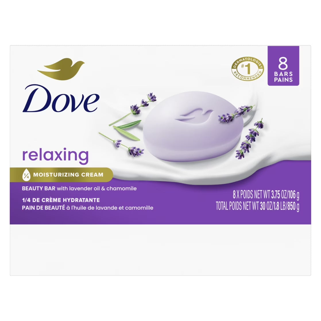 Dove Beauty Bar Women'S Bath Soap Relaxing Lavender Oil & Chamomile, 3.75 Oz 8 Bars