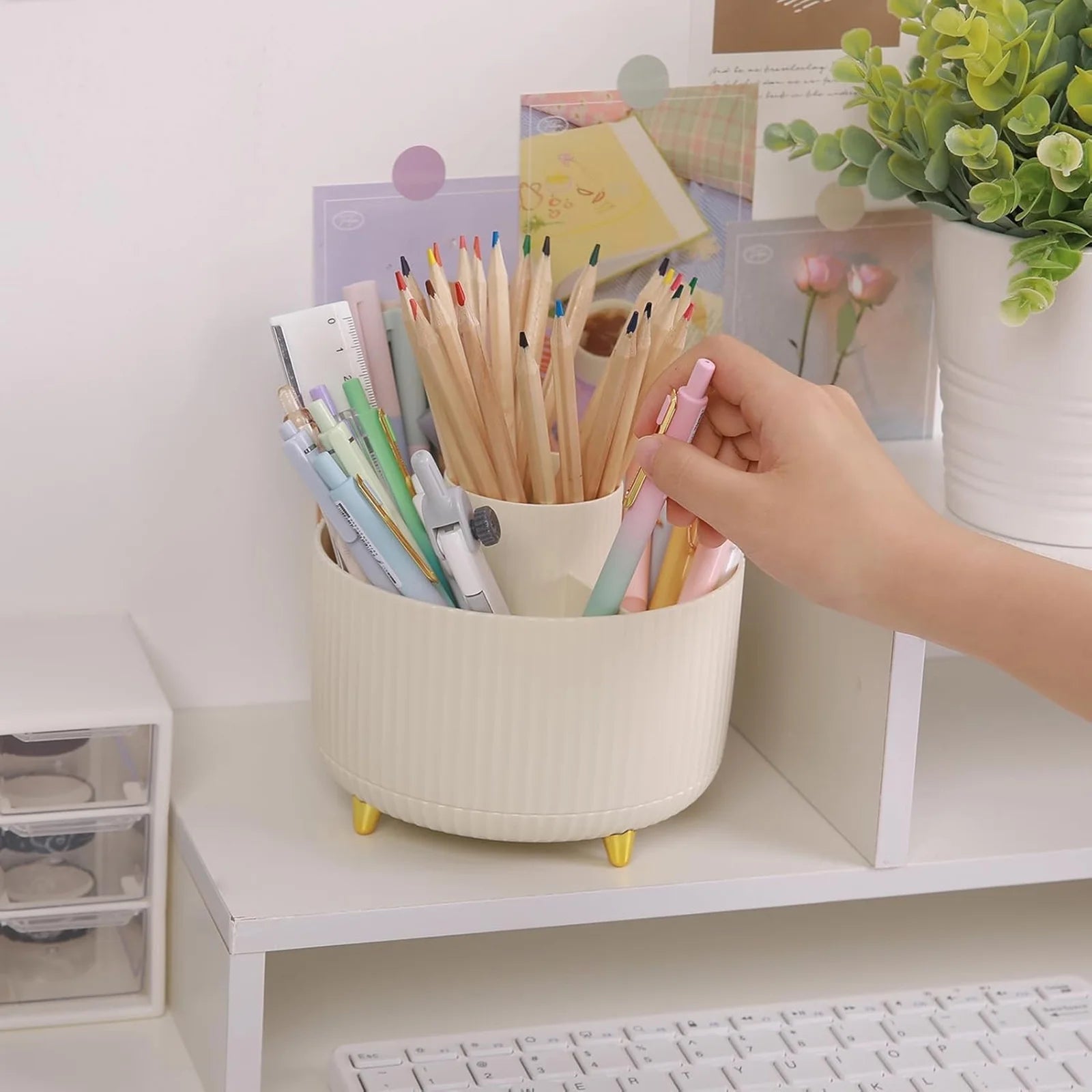 360 Rotating Plastic Desk Pen Organizer with 5 Slots, Dual-Purpose Art Supply Pencil Cup for Office, Home