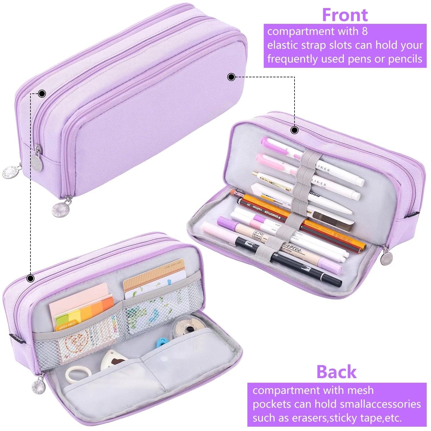 Rirool Large Capacity Pencil Case, 3 Zipper Compartments Pen Pouch for High School, College, Teachers, Office & Travel Use, Makeup Bag for Teens and Adults, Purple