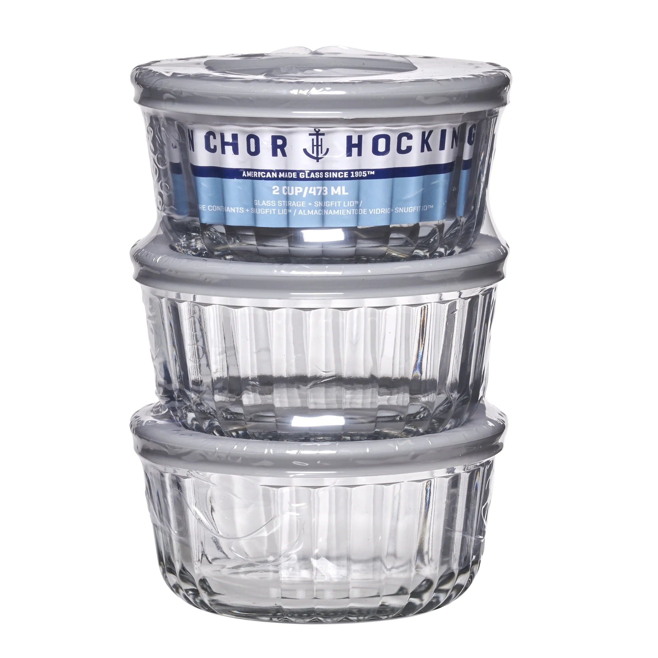 Anchor Hocking Sculpted Glass Food Storage Container with Lids, 2 Cup Round, Set of 3
