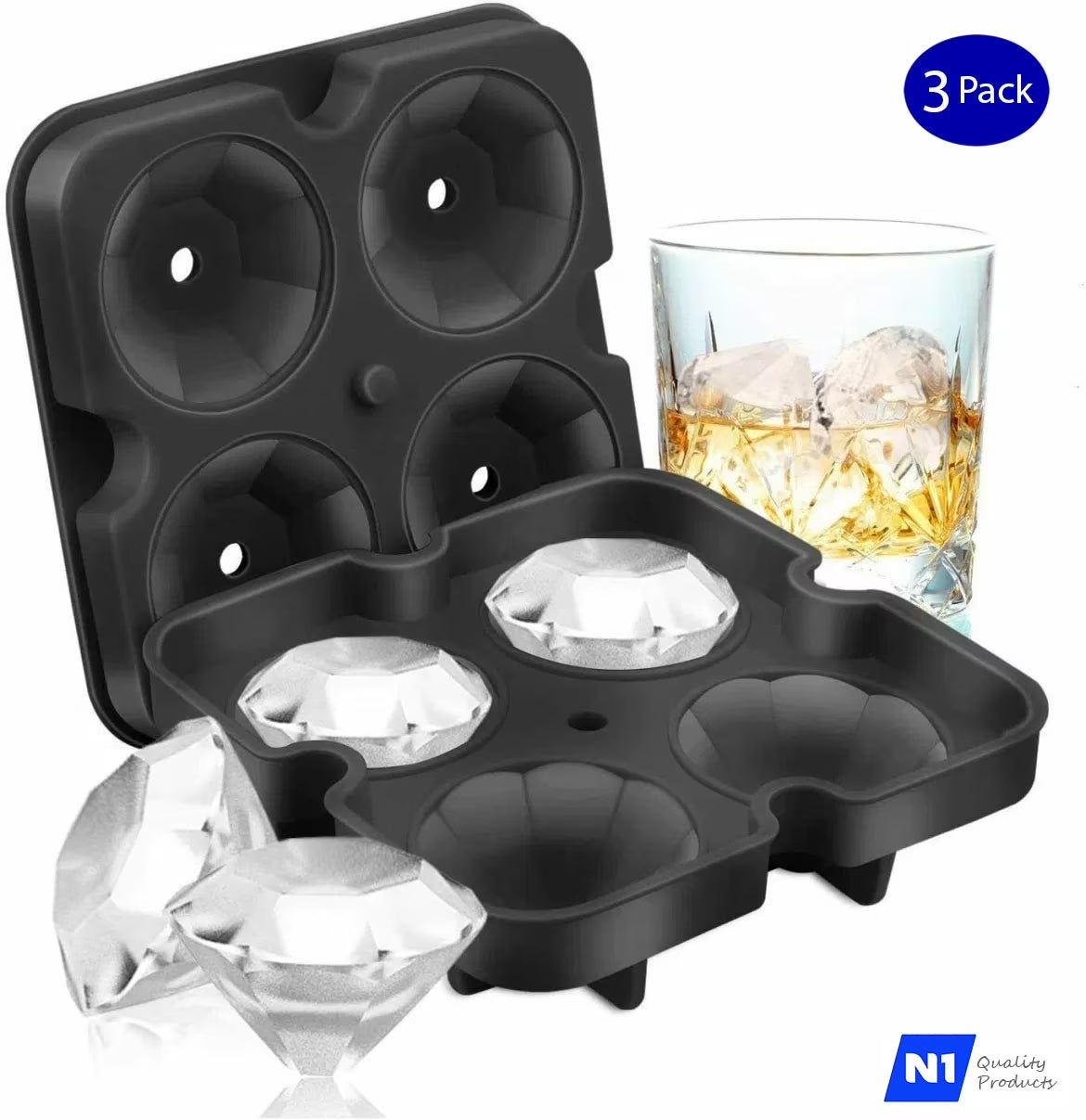 N1- Silicone 3D Diamond ICE Cube Tray Maker Mold Whiskey Cocktails (3 Pack), New
