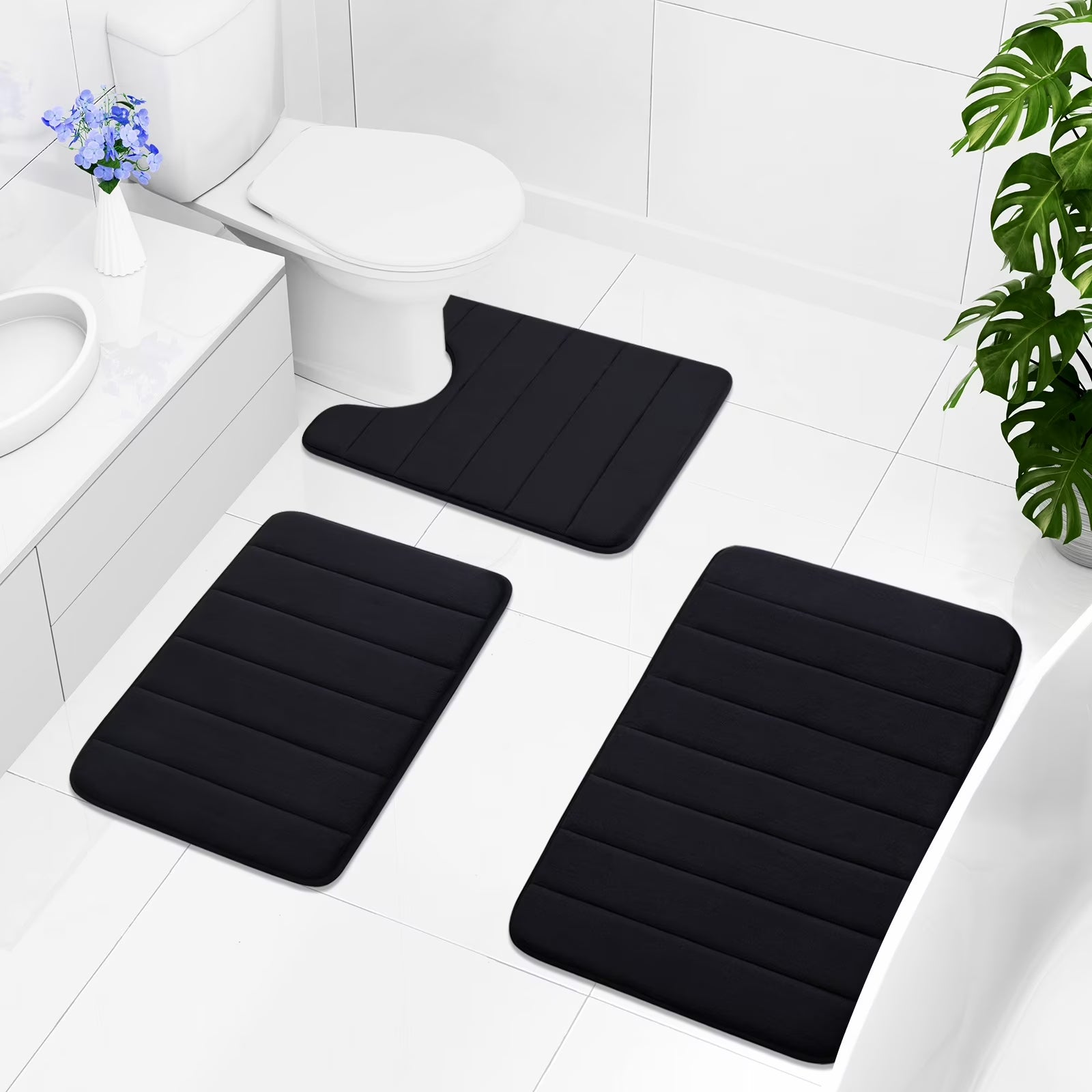 Buganda Memory Foam Bath Mats Soft Absorbent Bathroom Rugs 20" X 30", Black