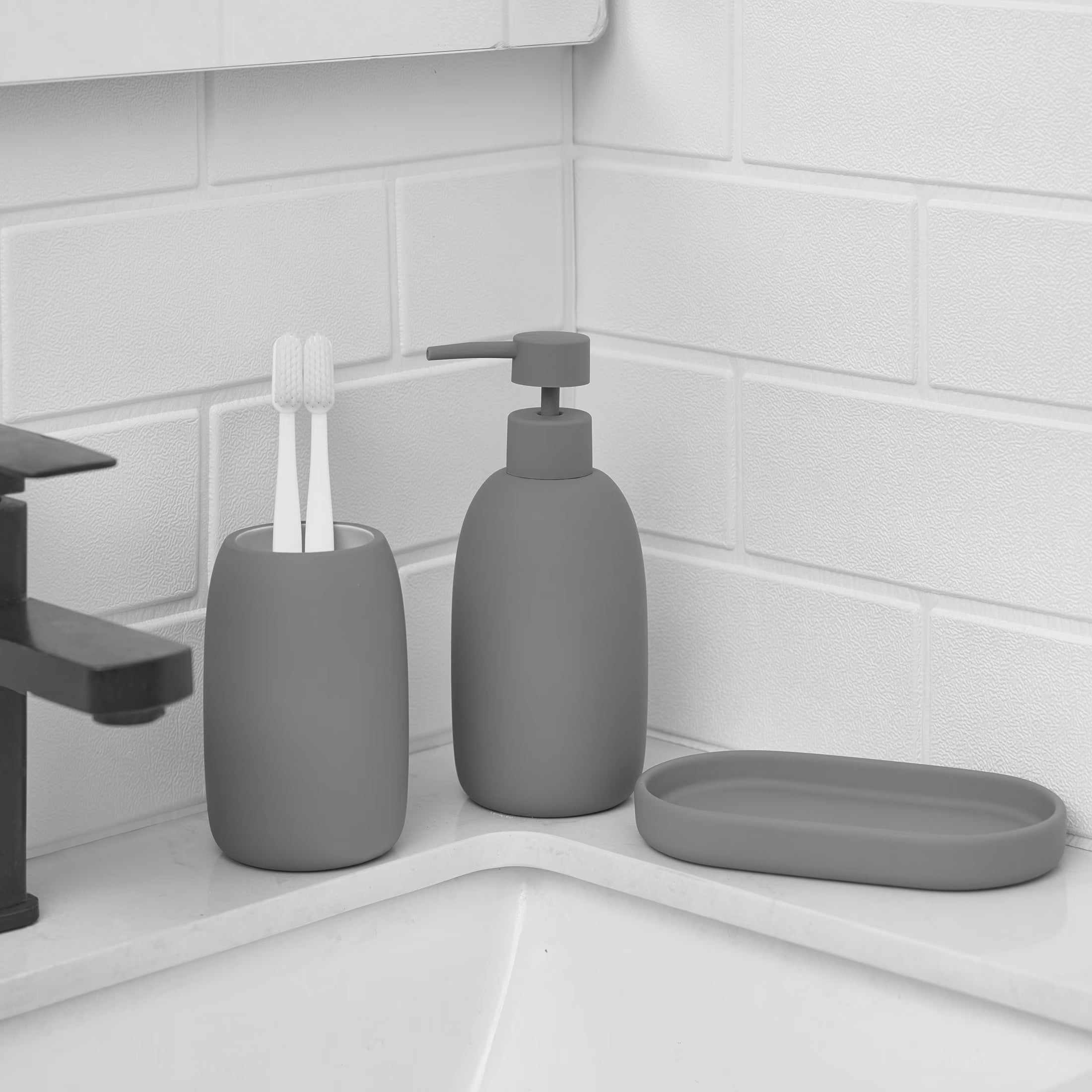 Mainstays Ceramic Stoneware Bath Accessories 3-Piece Set, Grey – Soap Pump Dispenser, Tumbler, and Accessory Tray