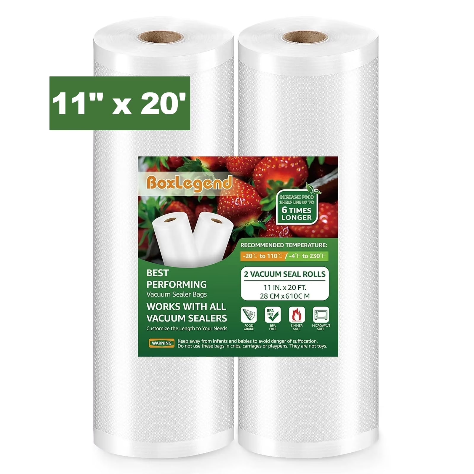 Boxlegend Vacuum Seal Bags for Food, 2 Packs 11''X20' Food Saver Rolls, Food Vacuum Sealer Bags