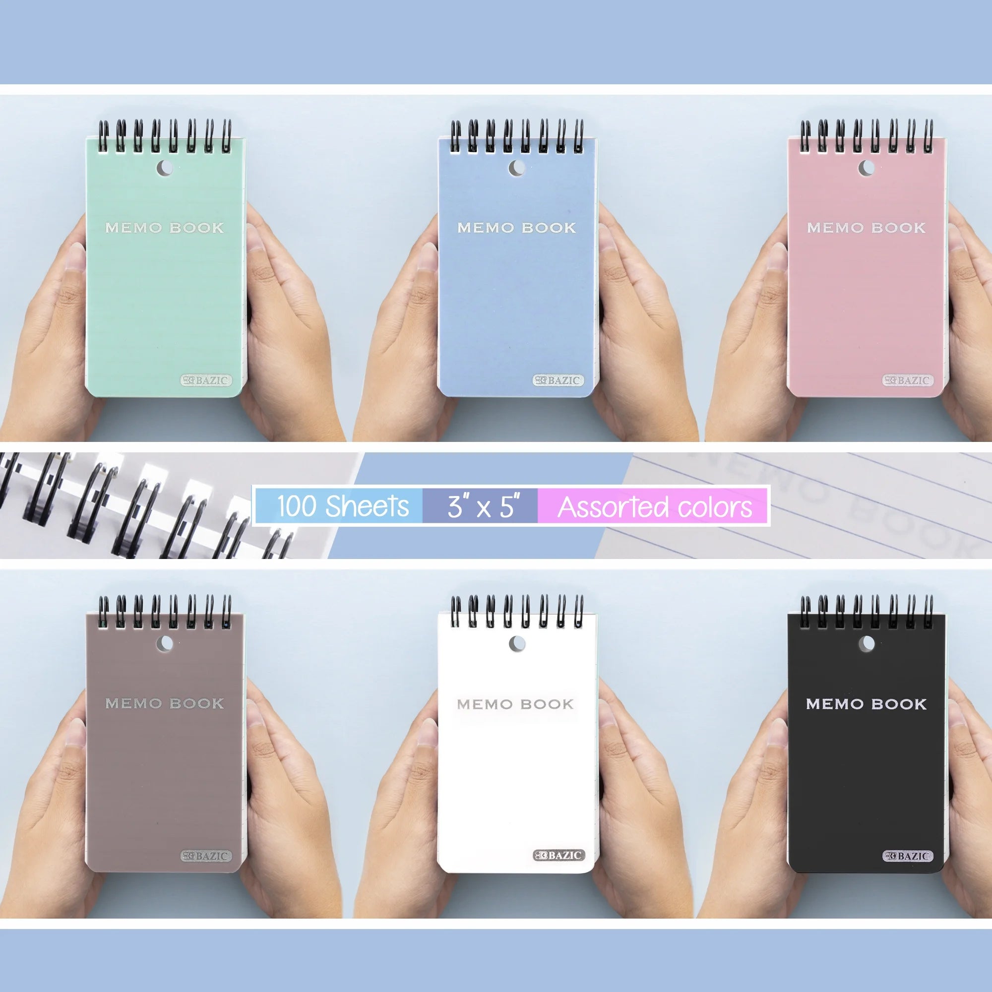 BAZIC Small Notebook Memo Book 3"X5" Spiral Pocket Size Pad, Pastel Color 100 Sheets, 6-Pack