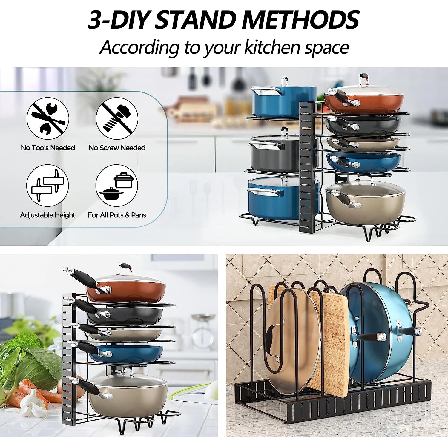 PHANCIR Pots and Pans Organizer Rack, 3 DIY Methods Adjustable 8-Tier Pot and Pan Rack, Metal Heavy Duty Organizer with Anti-Slip Silicone Pad for Cabinet Kitchen Organization Storage