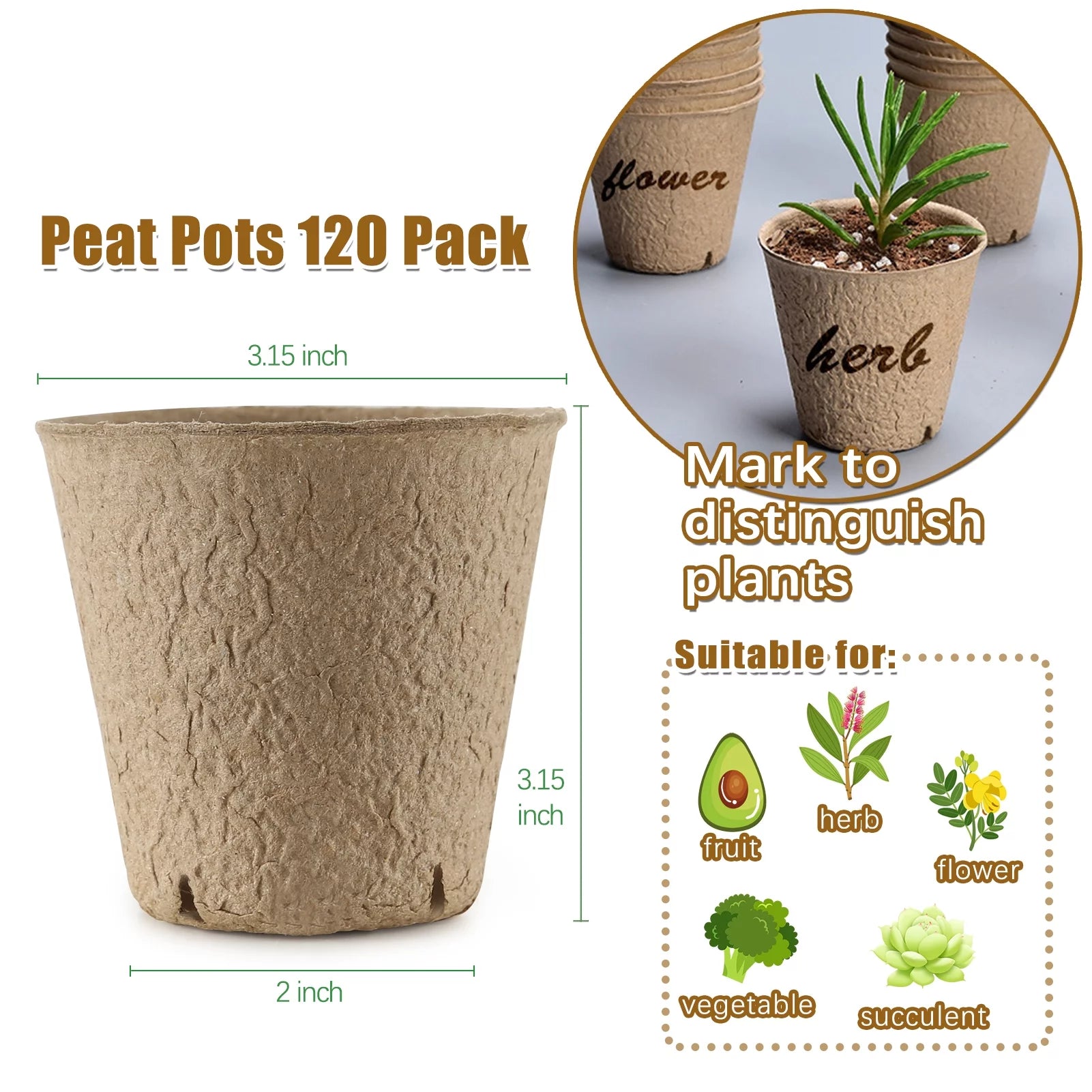 Fabulas 120 Pack Peat Pots for Seedlings, 3.15 Inch Biodegradable Seed Starter Planting Pots for Seedlings