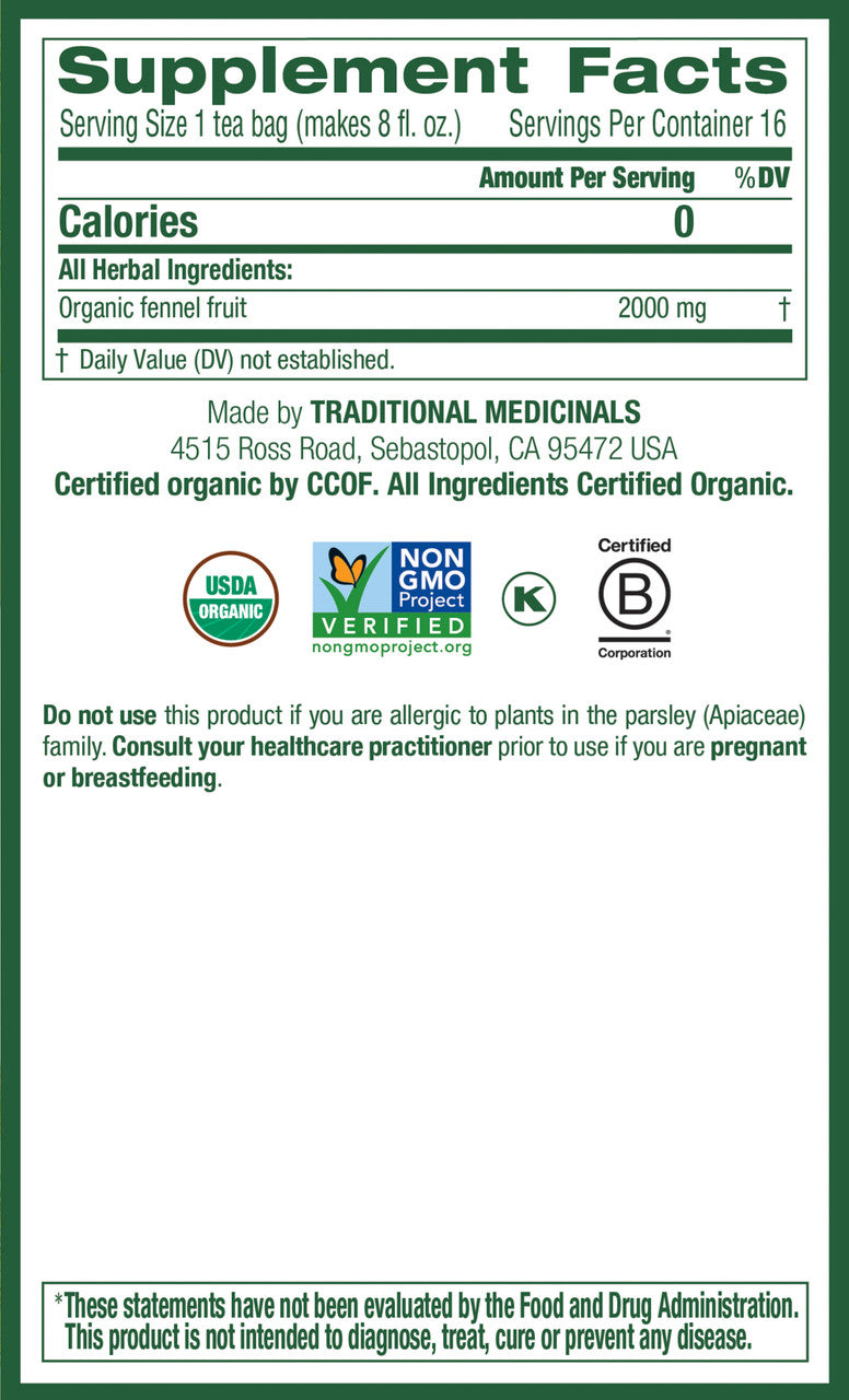 Traditional Medicinals Organic Fennel Tea – Herbal Digestive Support (6x16 Bags)
