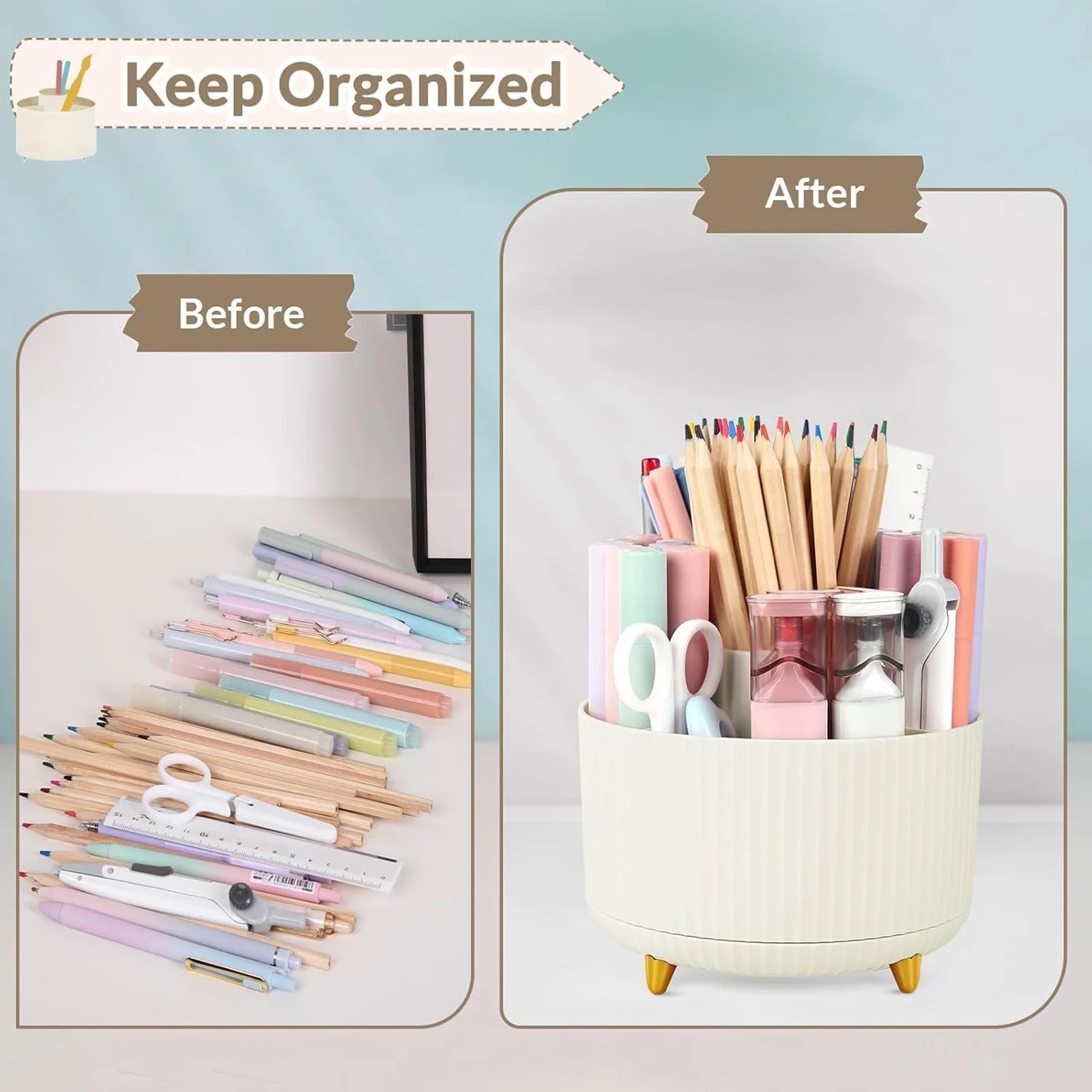 360 Rotating Plastic Desk Pen Organizer with 5 Slots, Dual-Purpose Art Supply Pencil Cup for Office, Home