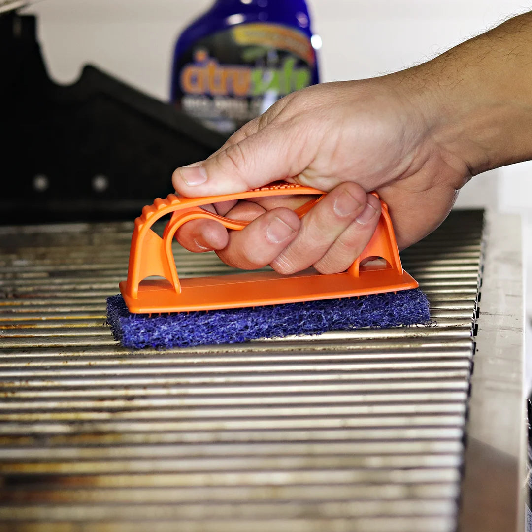 Citrusafe BBQ Grill Scrubber with Handle and 3 Heavy Duty Blue Nylon Pads