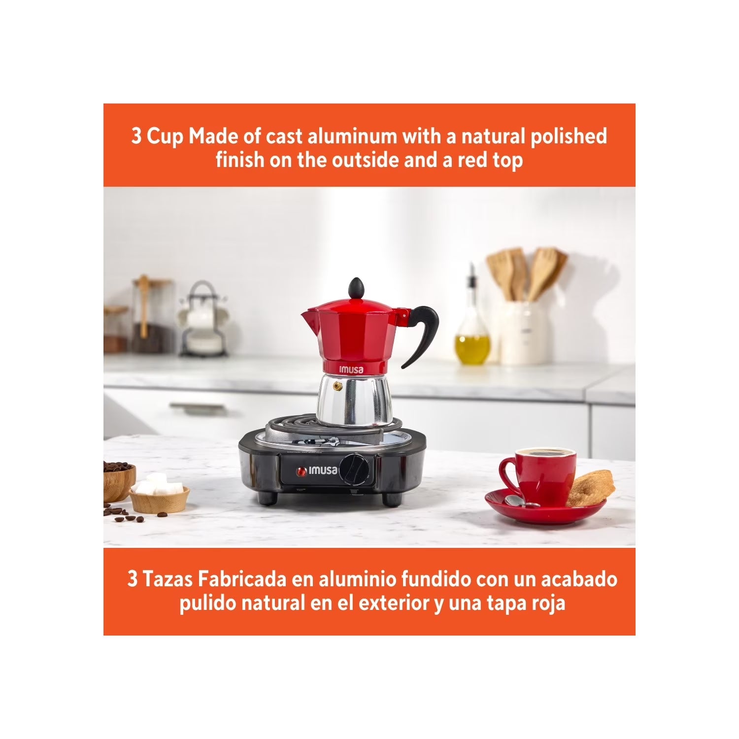 IMUSA 3Cup Cast Aluminum Stovetop Coffeemaker with Red Top