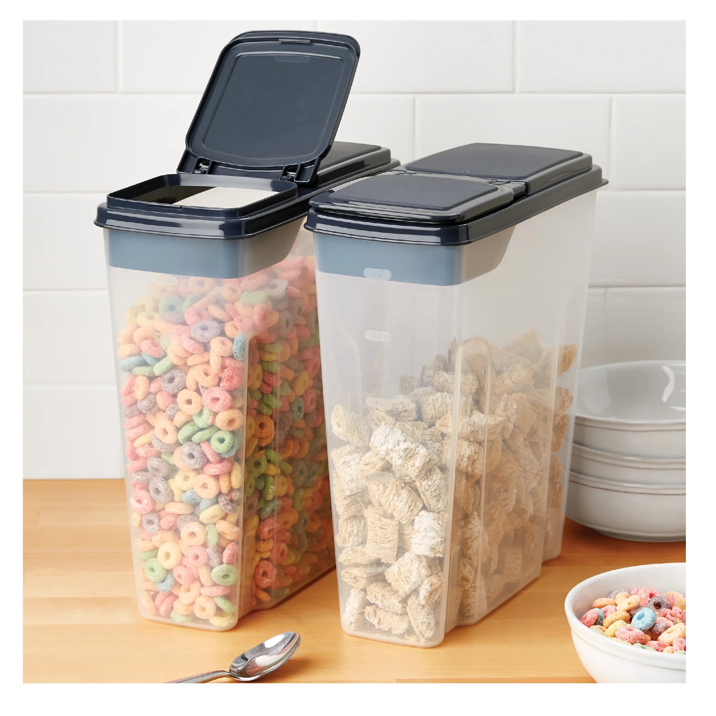 Mainstays 2-Pack Plastic Cereal Keeper Storage Containers, Kitchen Pantry Organizer Canisters for Cereal and Dry Food Storage, 24 Cup Capacity, Dark Gray Lid